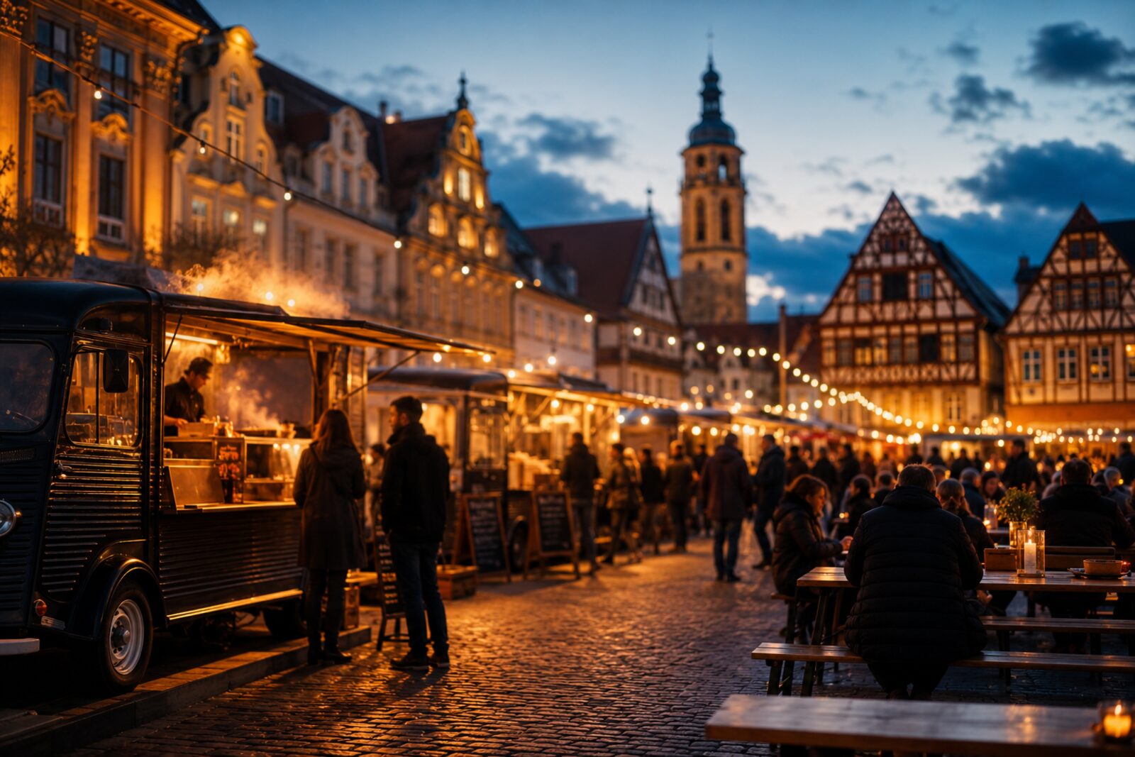 Foodtrucks mit Lichterketten auf einem abendlichen Marktplatz in einer historischen Altstadt